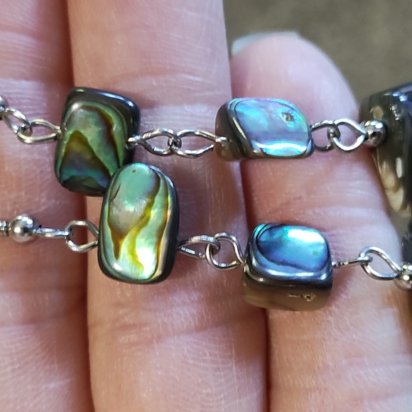 VINTAGE TRIPLE SQUARE RAINBOW ABALONE SHELL DANGLE DROP HOOK 2.5" EARRINGS - Picture 6 of 10